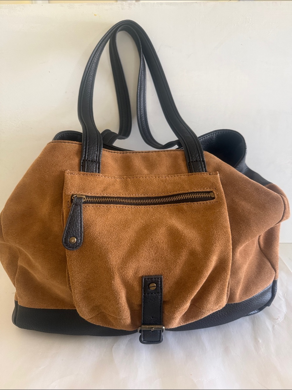 Canyon River Blues Cognac brown black accent tote bag faux suede leather - Picture 5 of 16